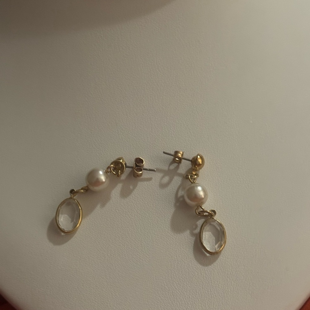 Gold-Tone Faux Pearl Drop Earrings with Clear Oval Gemstones